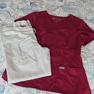 Grey's Anatomy Burgundy Scrub Top & White Scrub Pants